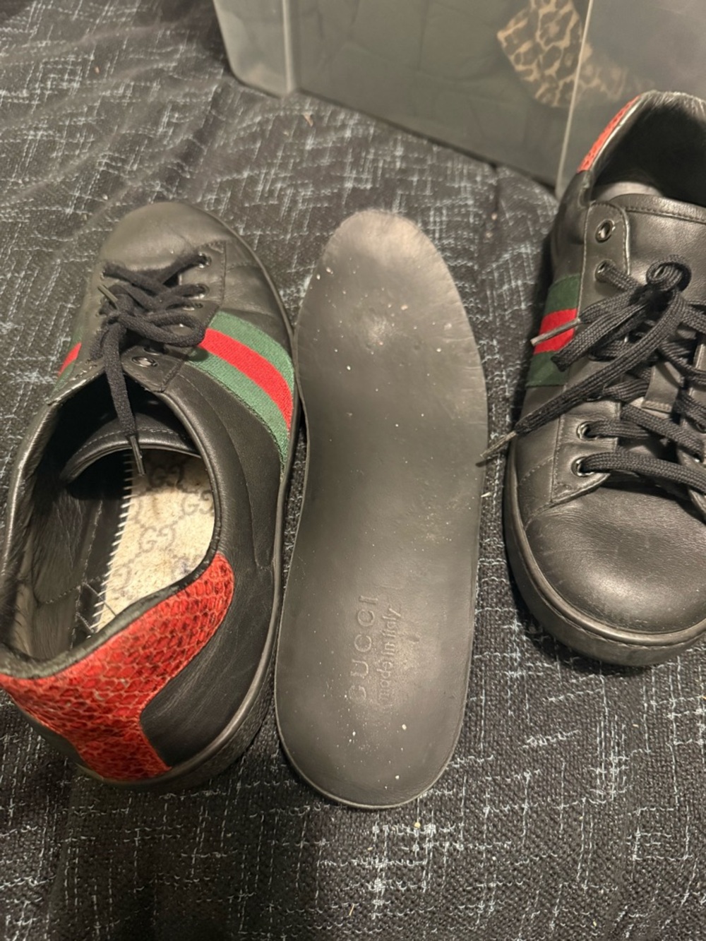 Gucci Black Leather Sneakers with Signature Green & Red Stripe - Picture 5 of 16